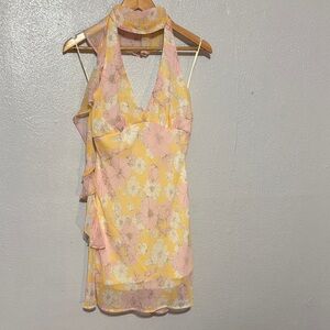 Y2K Aesthetic Yellow Pink Floral Halter Mini Dress Flowy Chiffon Summer Chic